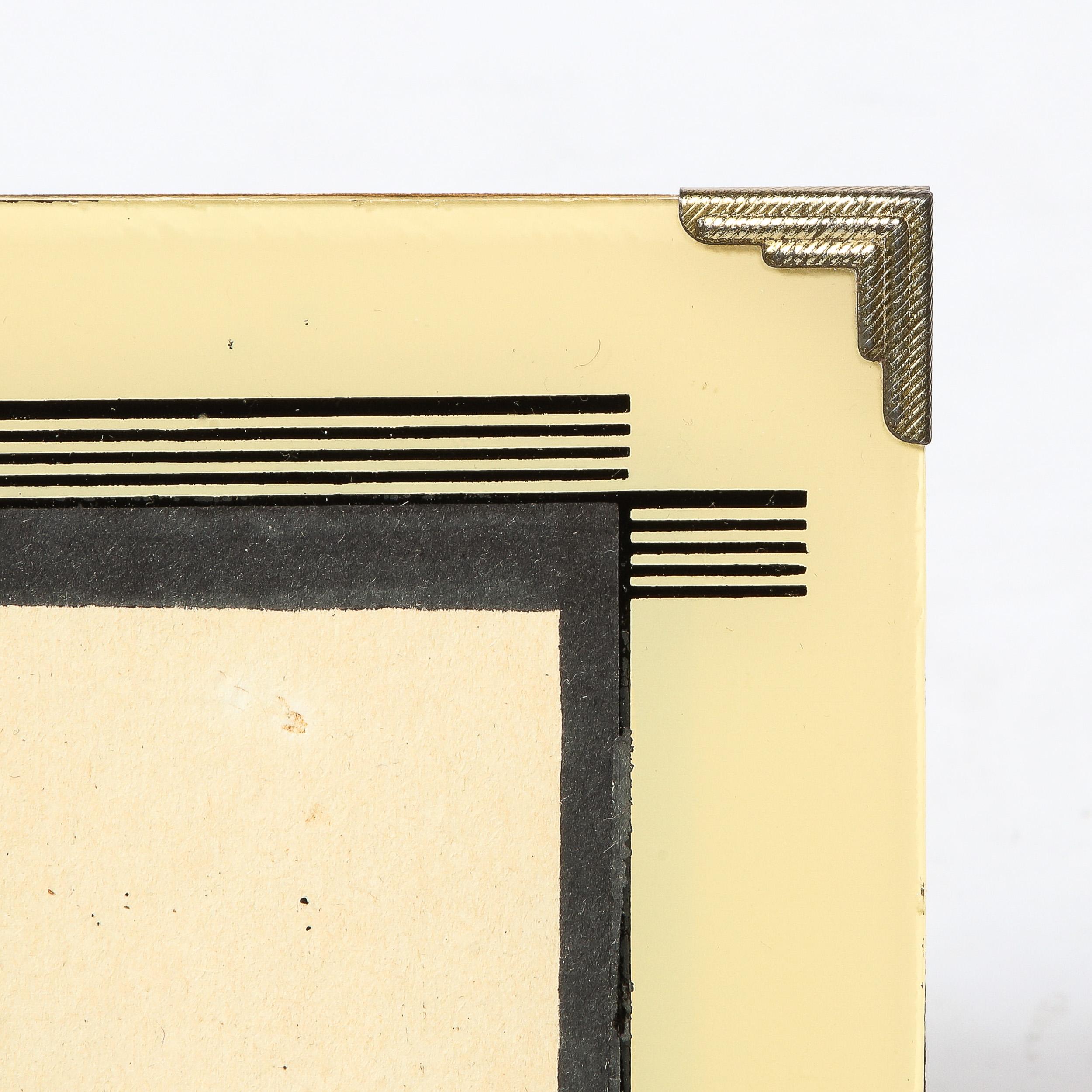 American Art Deco Picture Frame with Black and Cream Linear Detailing & Chrome  Corners