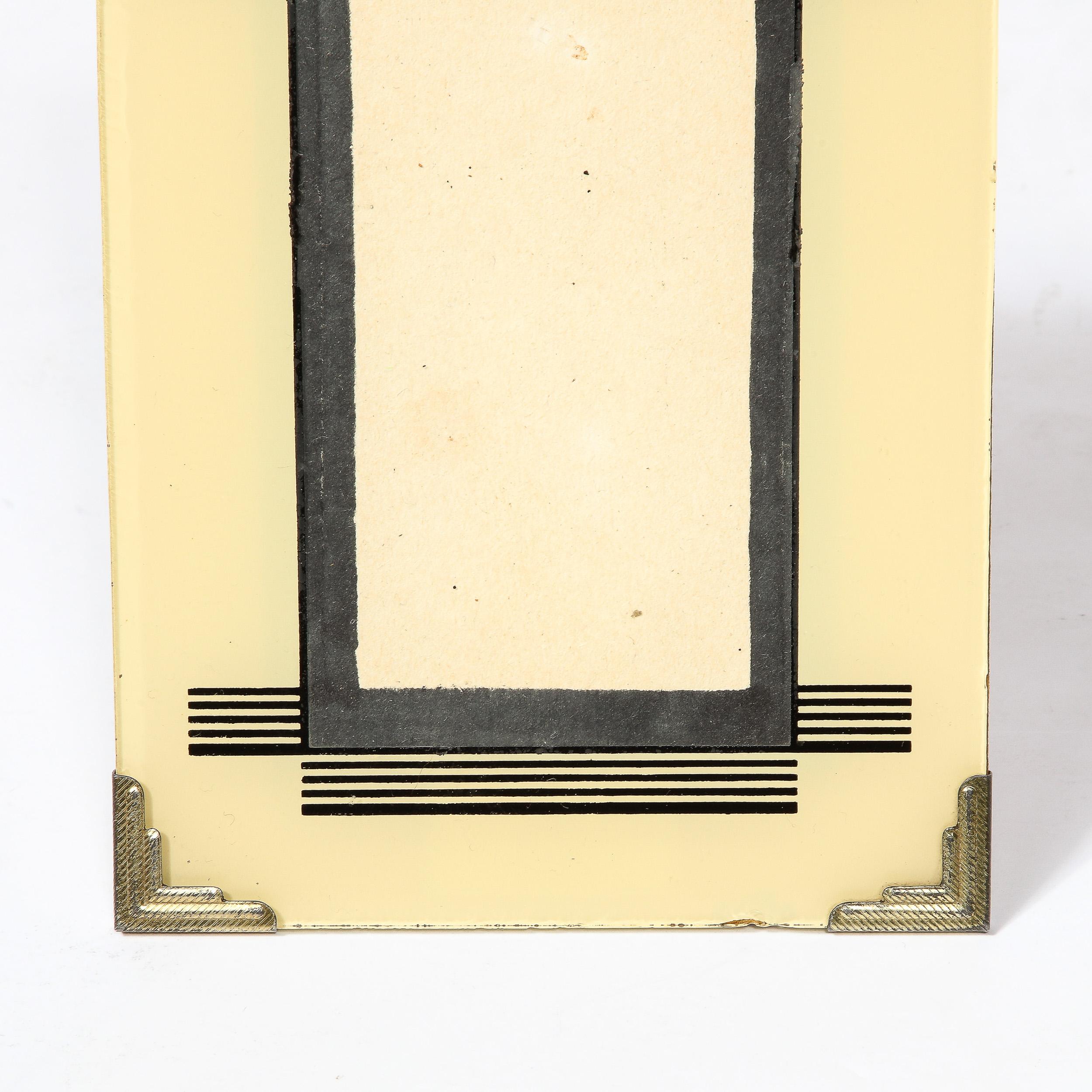 Art Deco Picture Frame with Black and Cream Linear Detailing & Chrome  Corners In Excellent Condition In New York, NY