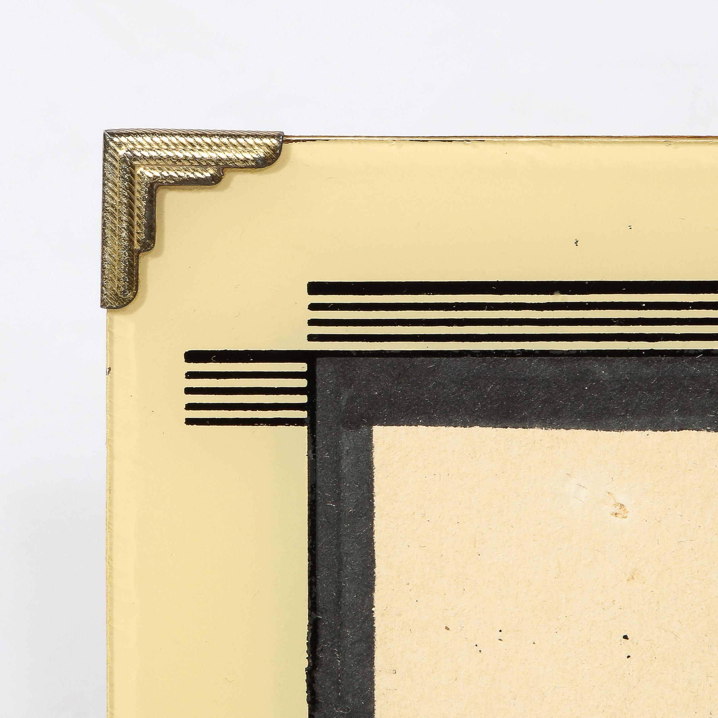 Mid-20th Century Art Deco Picture Frame with Black and Cream Linear Detailing & Chrome  Corners