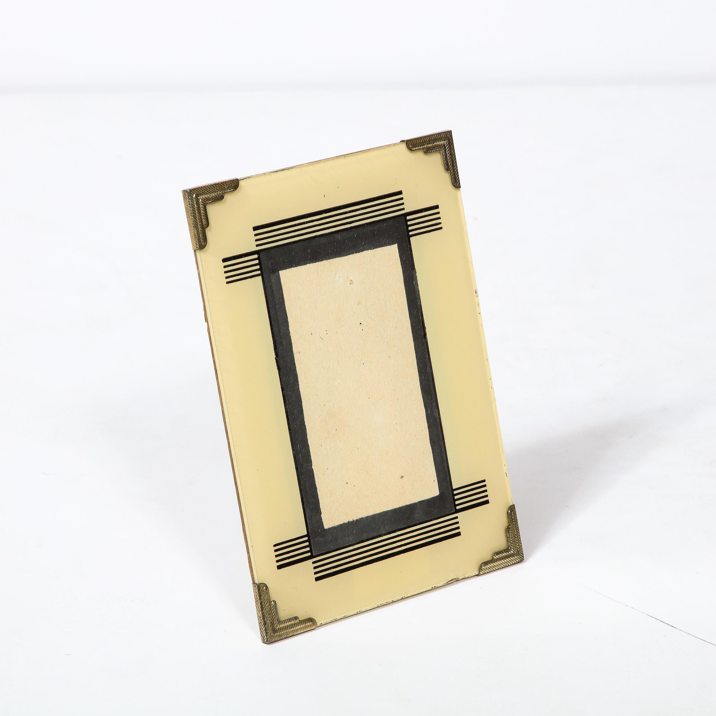 Nickel Art Deco Picture Frame with Black and Cream Linear Detailing & Chrome  Corners