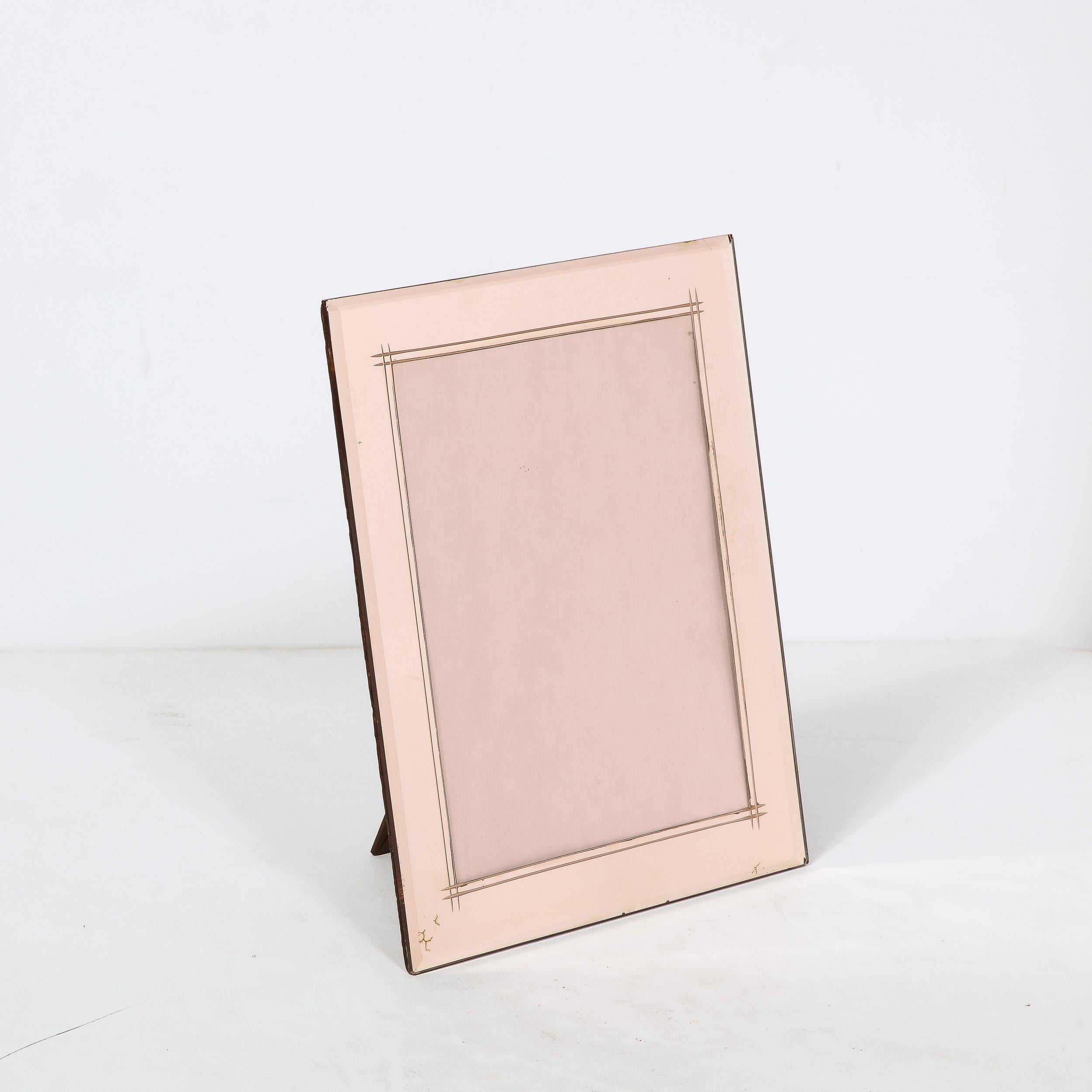 Art Deco Picture Frame with Reverse Etched Detailing in Smoked Rose Glass For Sale 1