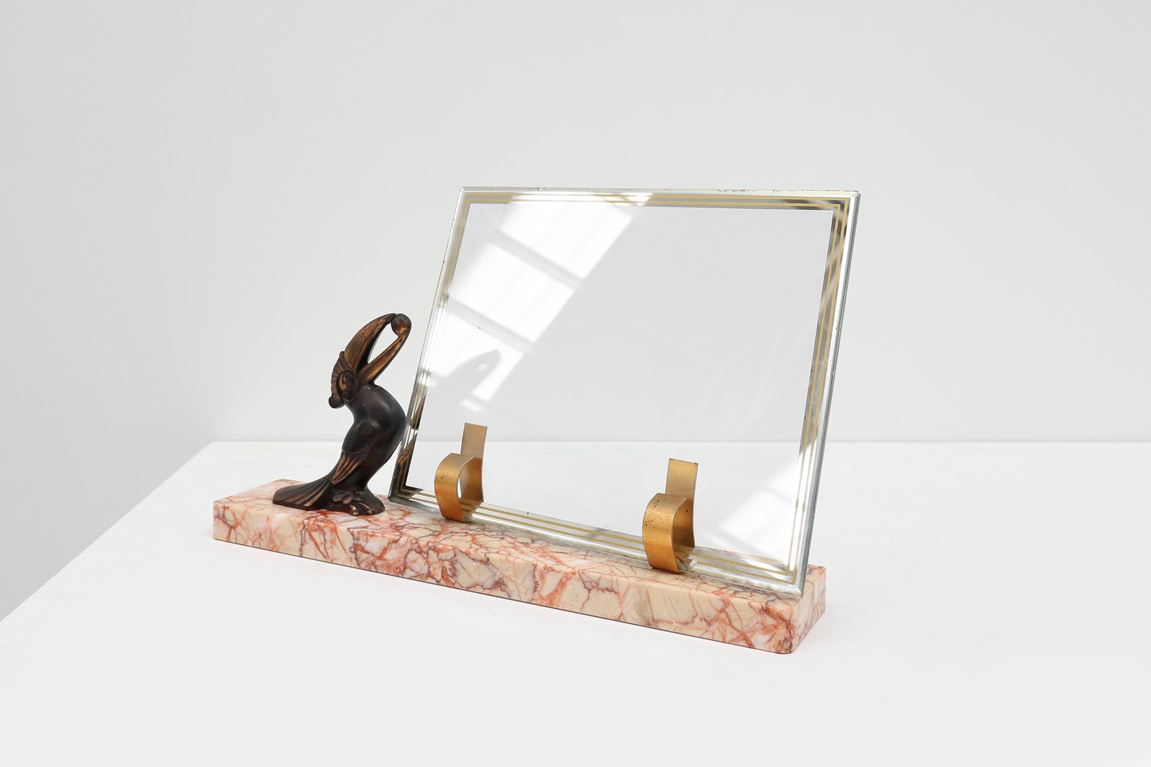 Metal Art Deco Picture Frame with Toucan Sculpture by Guénot, France, circa 1920 For Sale