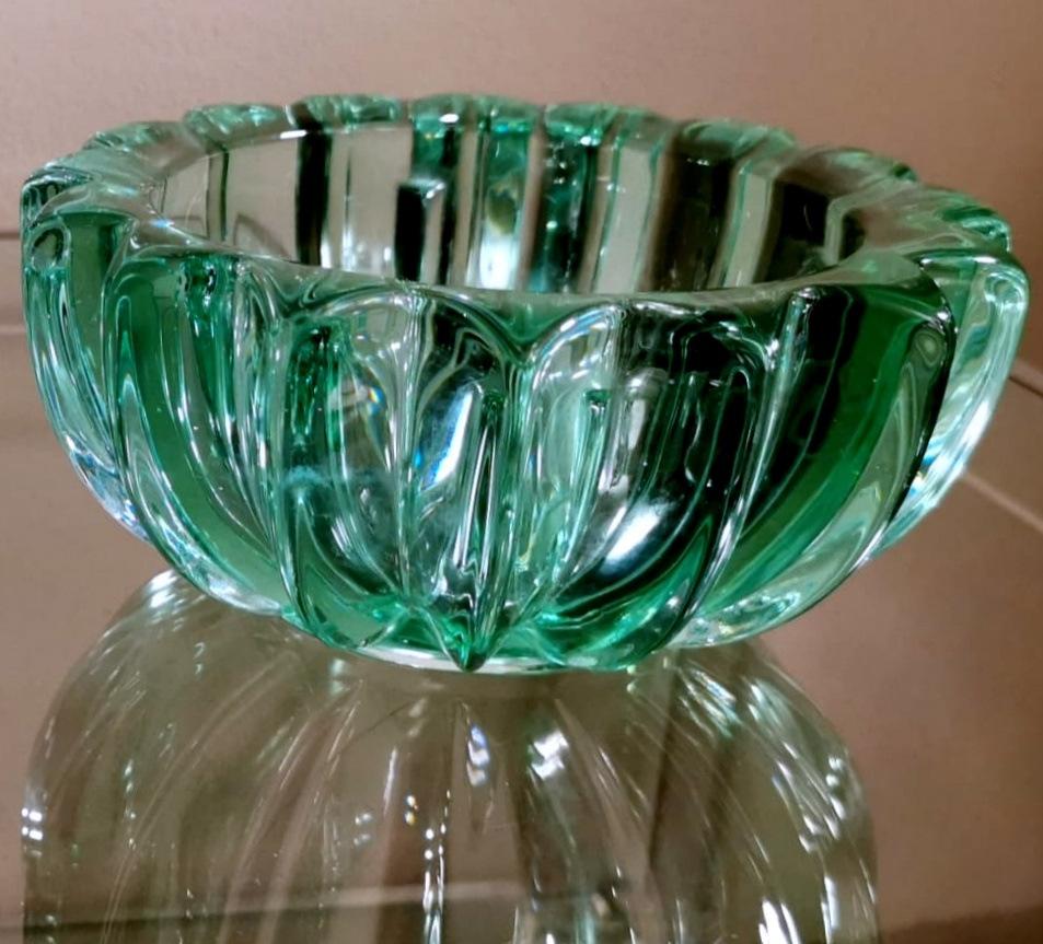 French Art Deco Pierre D'Avesn Green Molded Glass Bowl For Sale