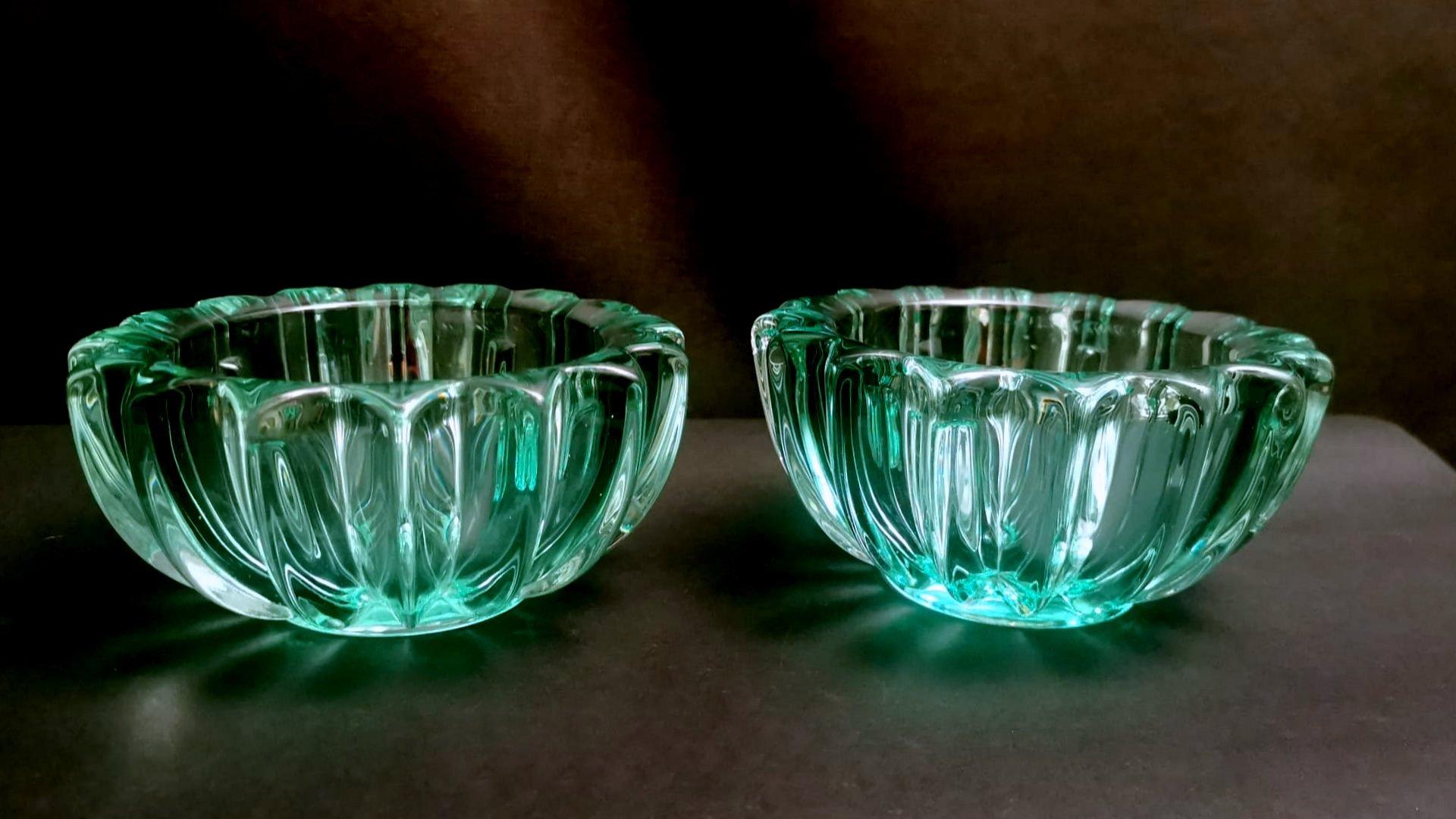 Art Deco Pierre D'Avesn Pair of Green Molded Glass Bowls 11