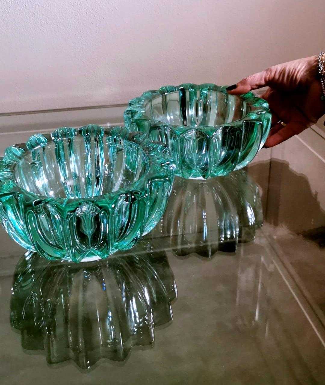 Art Deco Pierre D'Avesn Pair of Green Molded Glass Bowls 14