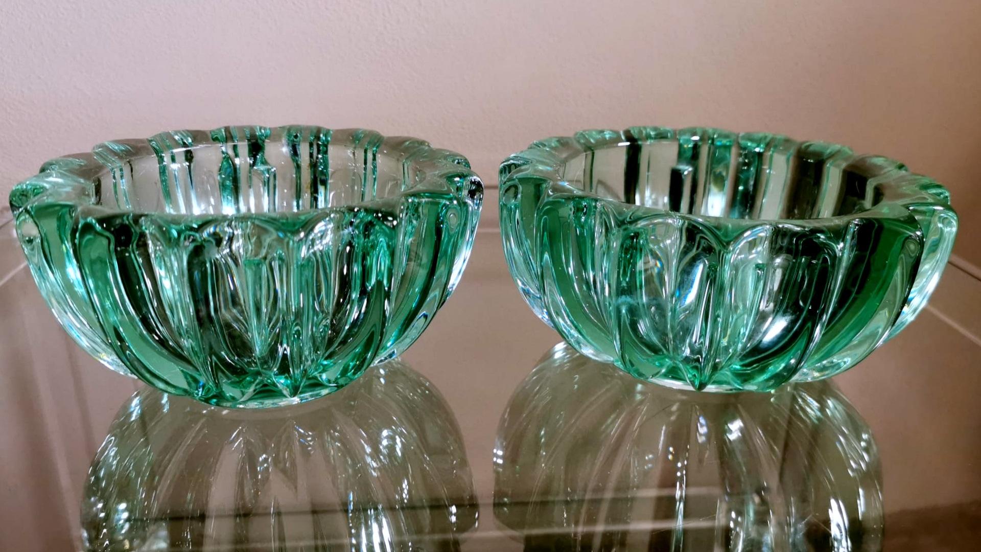 French Art Deco Pierre D'Avesn Pair of Green Molded Glass Bowls