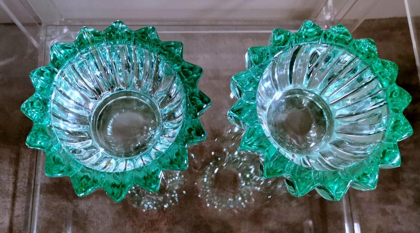 20th Century Art Deco Pierre D'Avesn Pair of Green Molded Glass Bowls