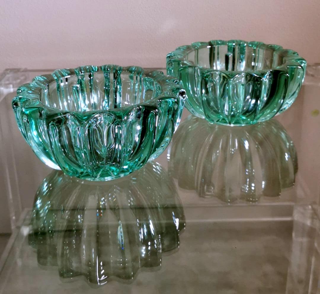 Art Deco Pierre D'Avesn Pair of Green Molded Glass Bowls 1