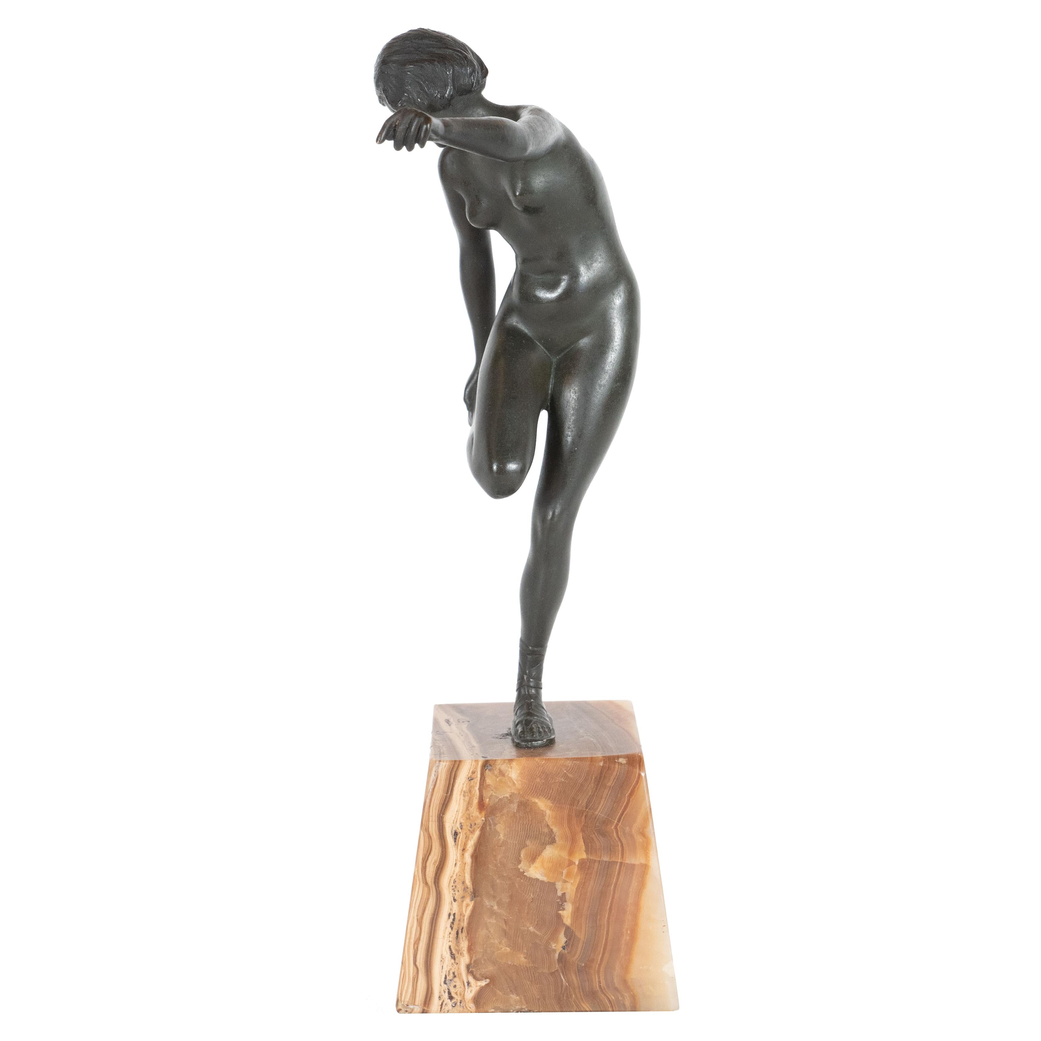 French Art Deco Pierre La Faguay Bronze Flapper Sculpture on Exotic Onyx Plinth Base