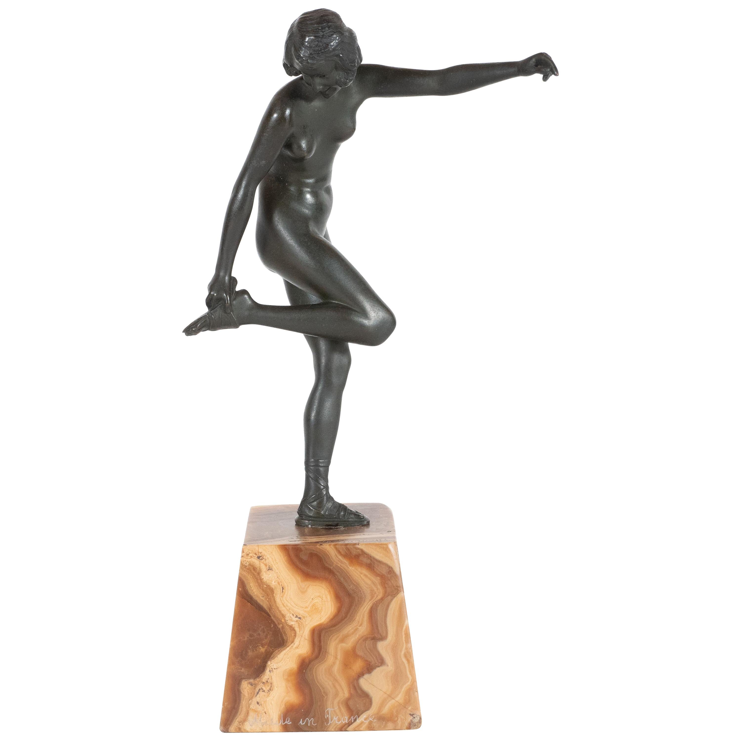Art Deco Pierre La Faguay Bronze Flapper Sculpture on Exotic Onyx Plinth Base