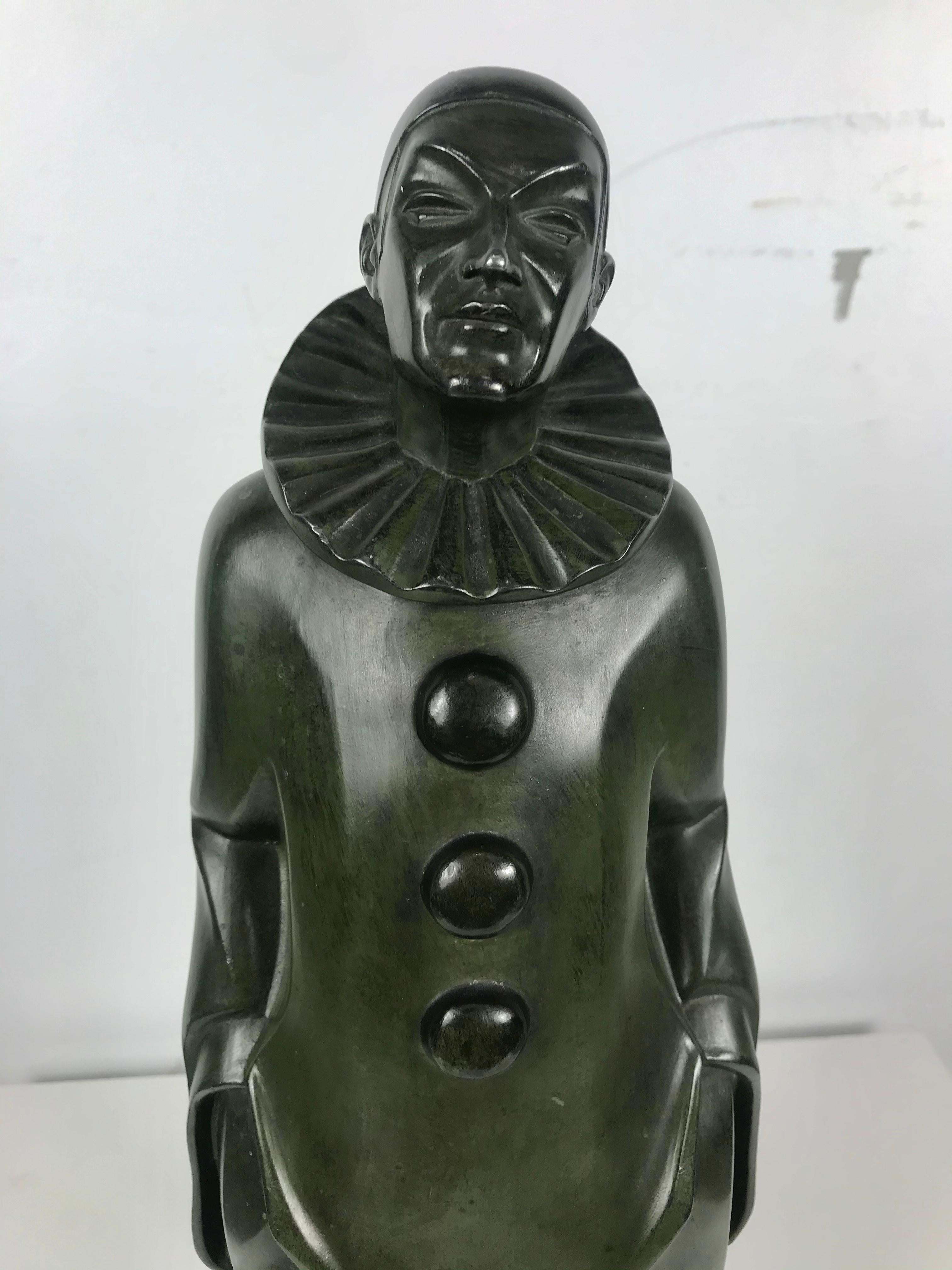 Wonderful stylized Art Deco Pierrot bronze by Max Le Verrier. Retains original Verde green patina as well as signature, France, 1930s.