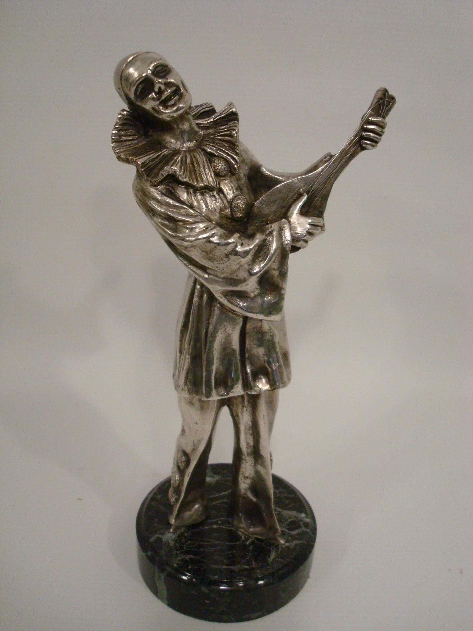 French Art Deco Pierrot Silvered Bronze Sculpture, Signed Alonzo, France 1920´s For Sale