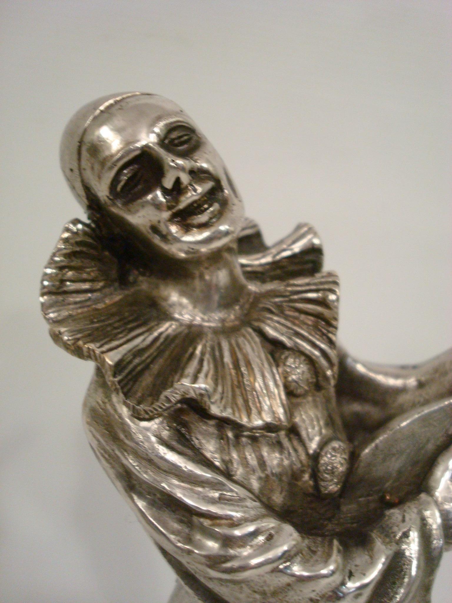 Argenté Art Deco Pierrot Silvered Bronze Sculpture, Signed Alonzo, France 1920's en vente