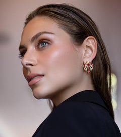 Art Deco Pigeon Blood Ruby and Diamond 18K Yellow Gold Button Earrings