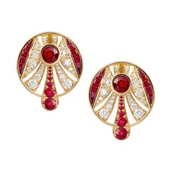 Art Deco Pigeon Blood Ruby and Diamond 18K Yellow Gold Button Earrings