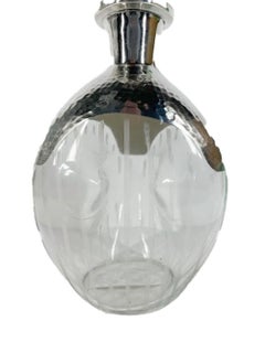 Art Deco Pinch Decanter with Hammered Silver Overlay and Vertical Etched Lines
