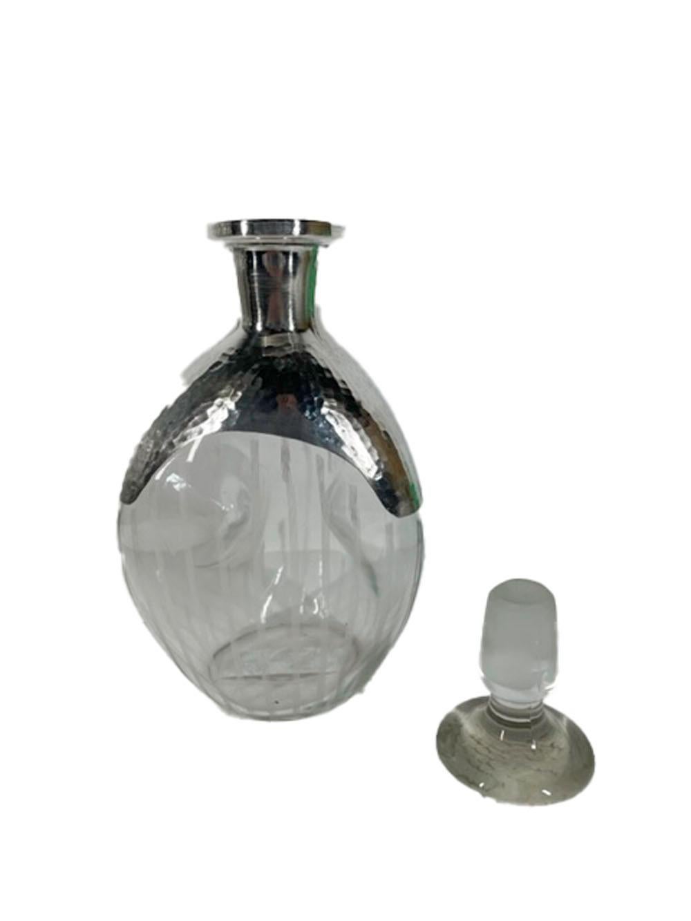 American Art Deco Pinch Decanter with Hammered Silver Overlay and Vertical Etched Lines