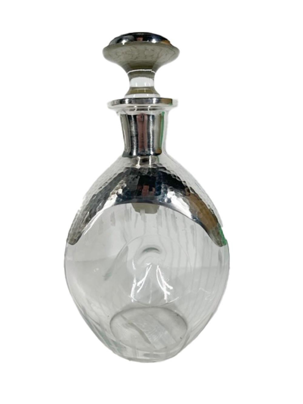 Art Deco Pinch Decanter with Hammered Silver Overlay and Vertical Etched Lines In Good Condition In Nantucket, MA