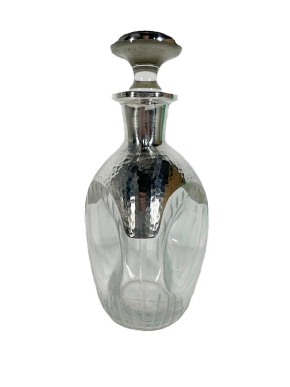 20th Century Art Deco Pinch Decanter with Hammered Silver Overlay and Vertical Etched Lines