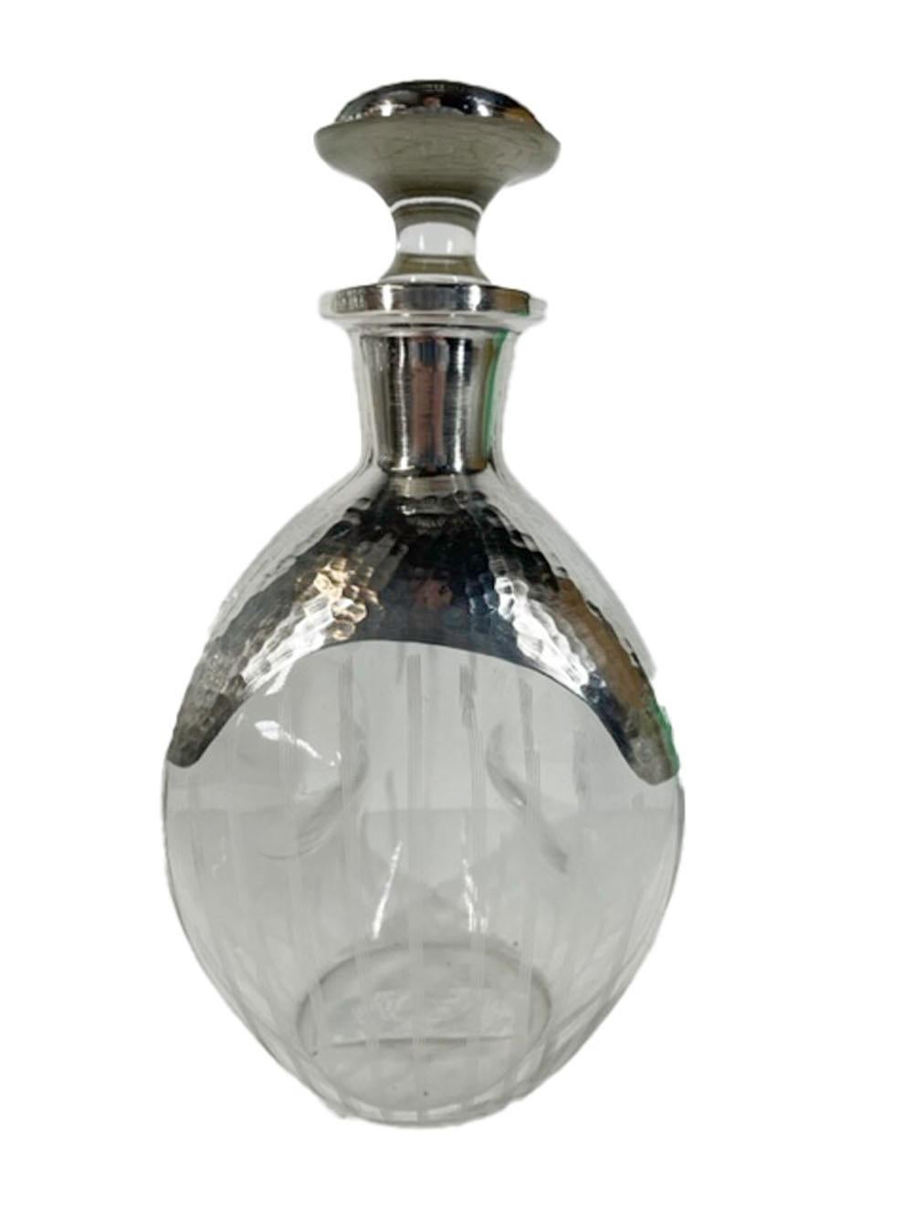 Art Deco Pinch Decanter with Hammered Silver Overlay and Vertical Etched Lines 1