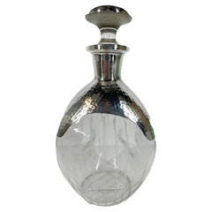 Art Deco Pinch Decanter with Hammered Silver Overlay and Vertical Etched Lines