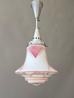 Art Deco Pink and White Frosted Glass Pendant Light, France, 1930s