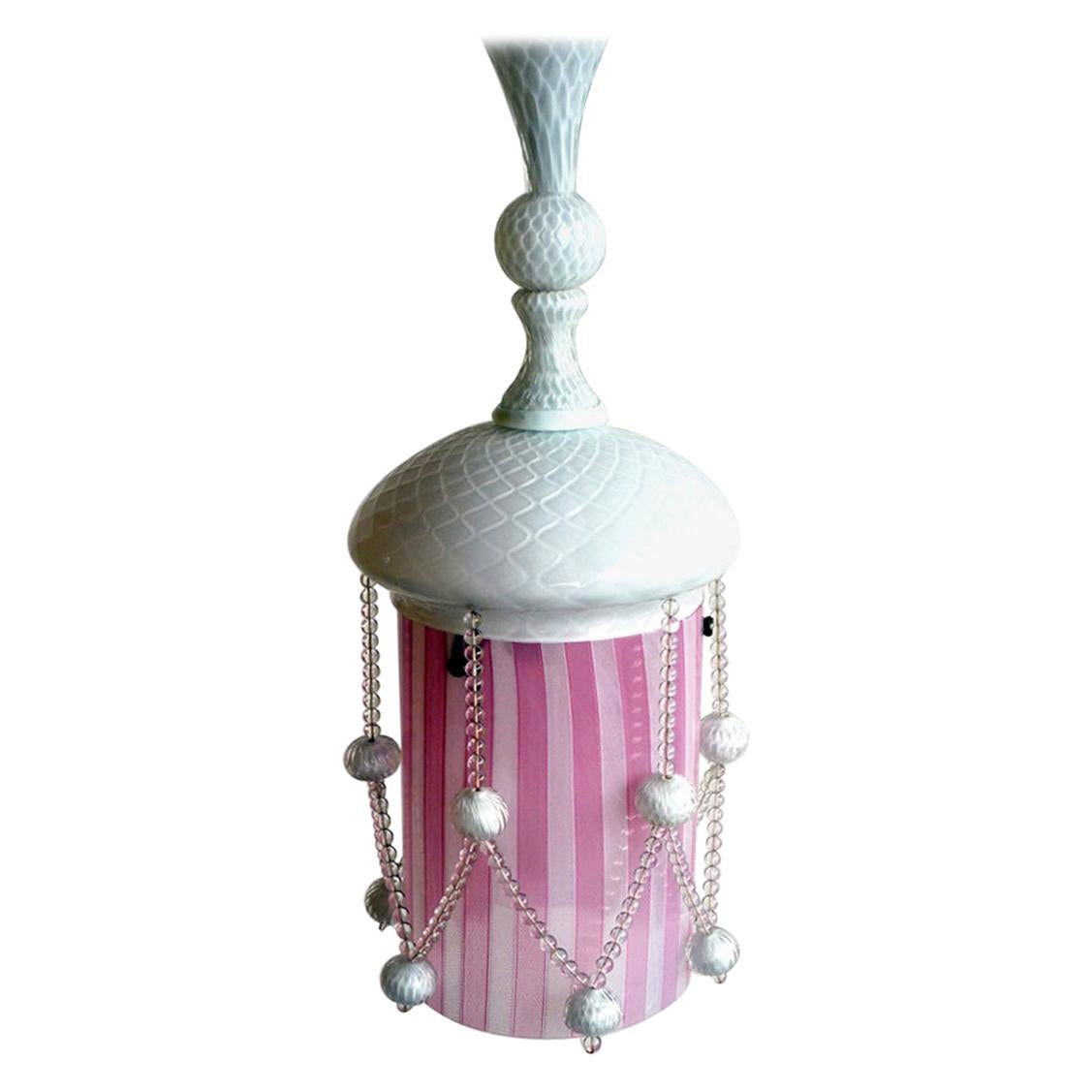 Art Deco Pink and White "Reticello" by Venini Murano Glass Ceiling Lamp