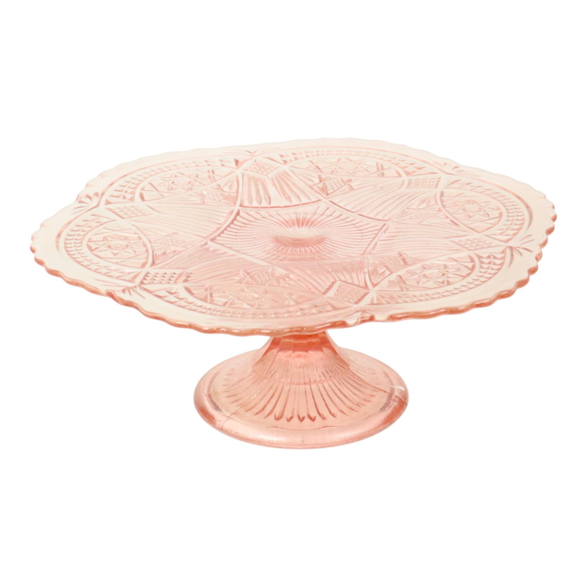 20th Century Art Deco Pink Cake Stand Standard Depression Glass 33cm For Sale
