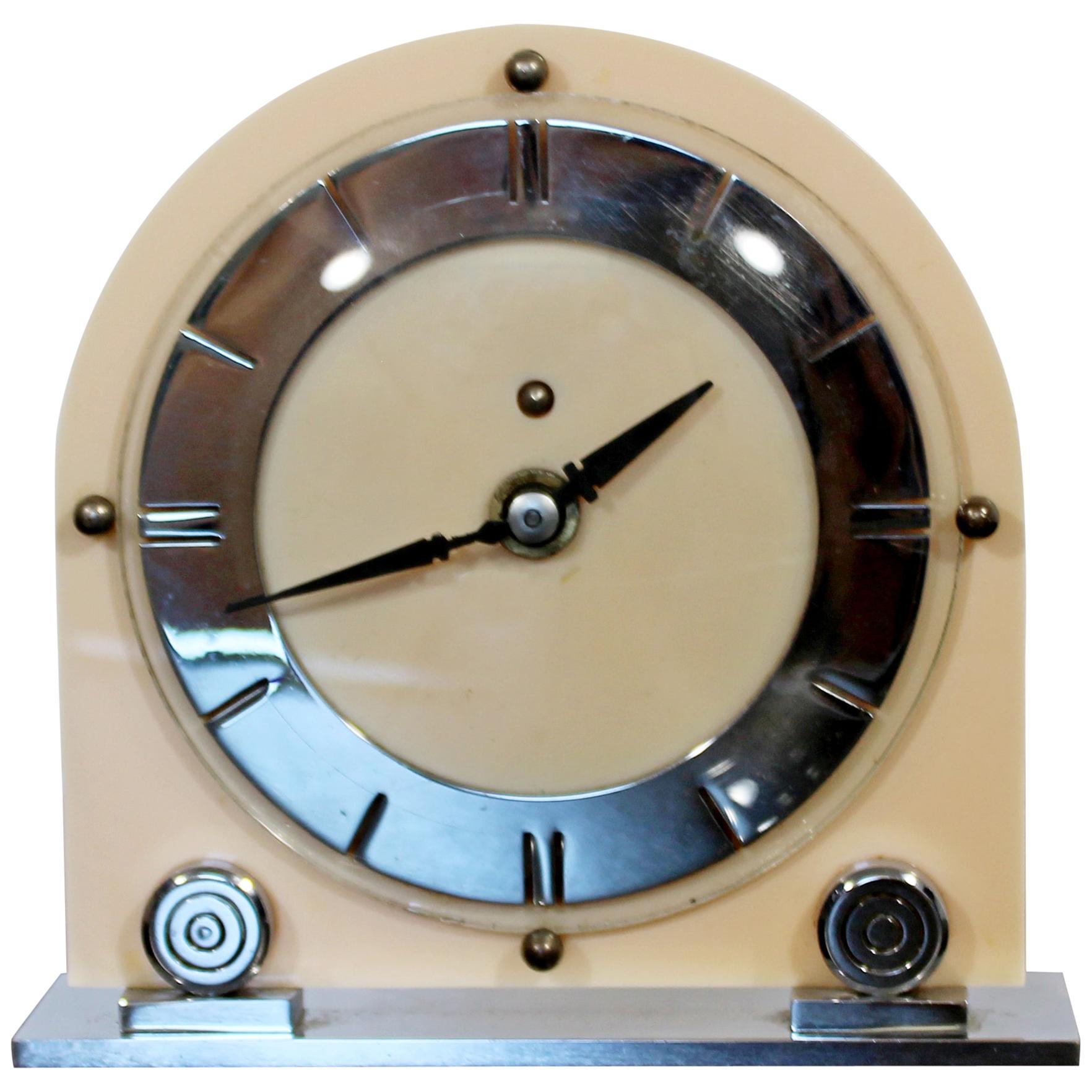 Art Deco Pink Celluloid Mantle Shelf Clock with Round Face on Chrome Base, 1930s