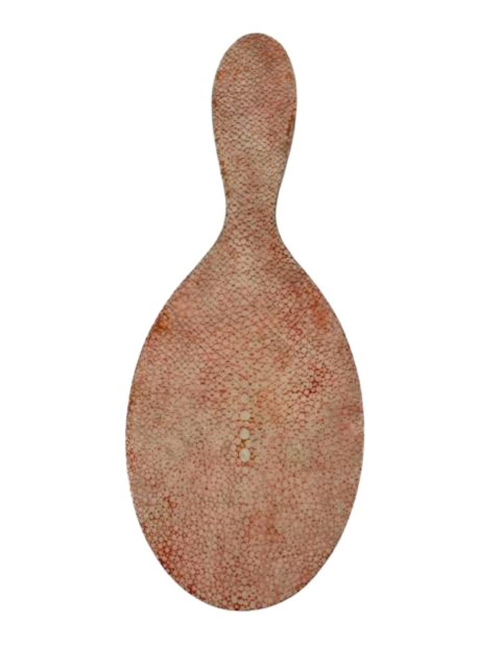 Art Deco pink stained shagreen covered dressing table mirror with oval bevel edged looking glass.