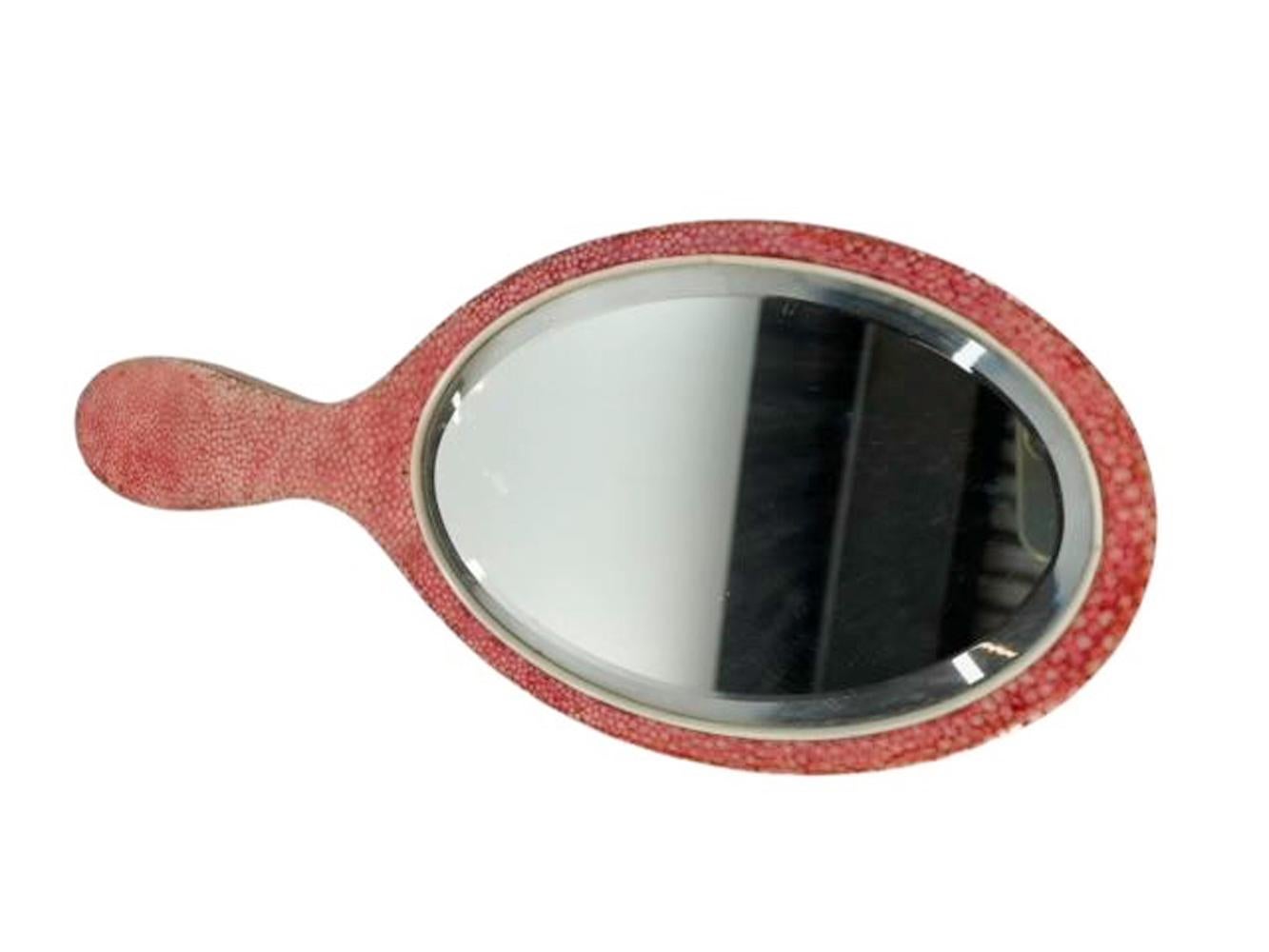 English Art Deco Pink Dyed Shagreen Dressing Table Mirror with Beveled Ovel Glass For Sale