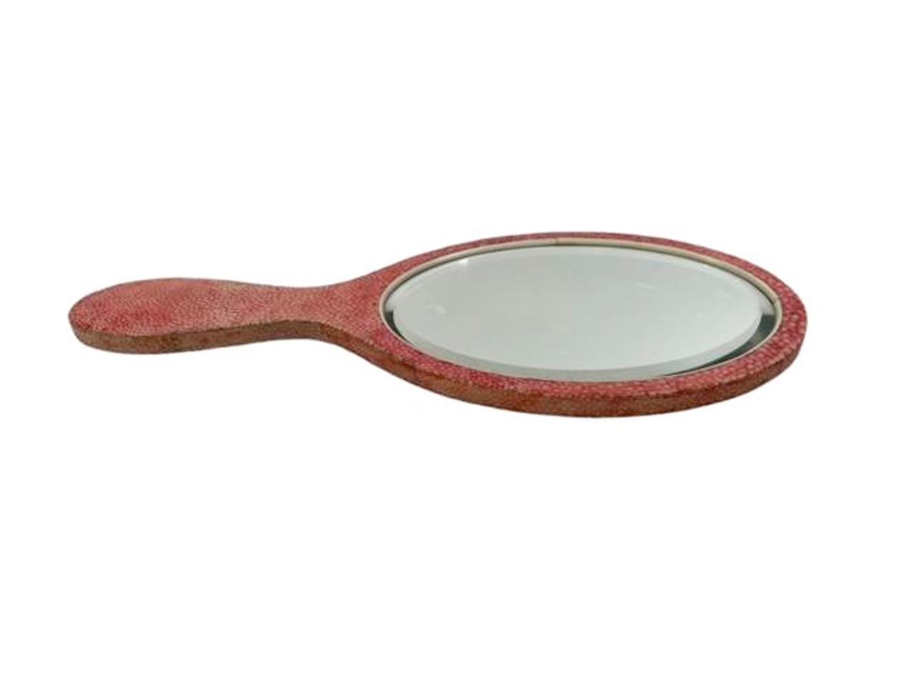 Art Deco Pink Dyed Shagreen Dressing Table Mirror with Beveled Ovel Glass For Sale 1