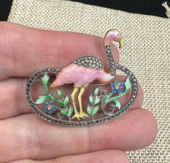 Art Deco Pink Flamingo Enamel Flower Brooch Sterling Silver Marcasite 1920 Bird