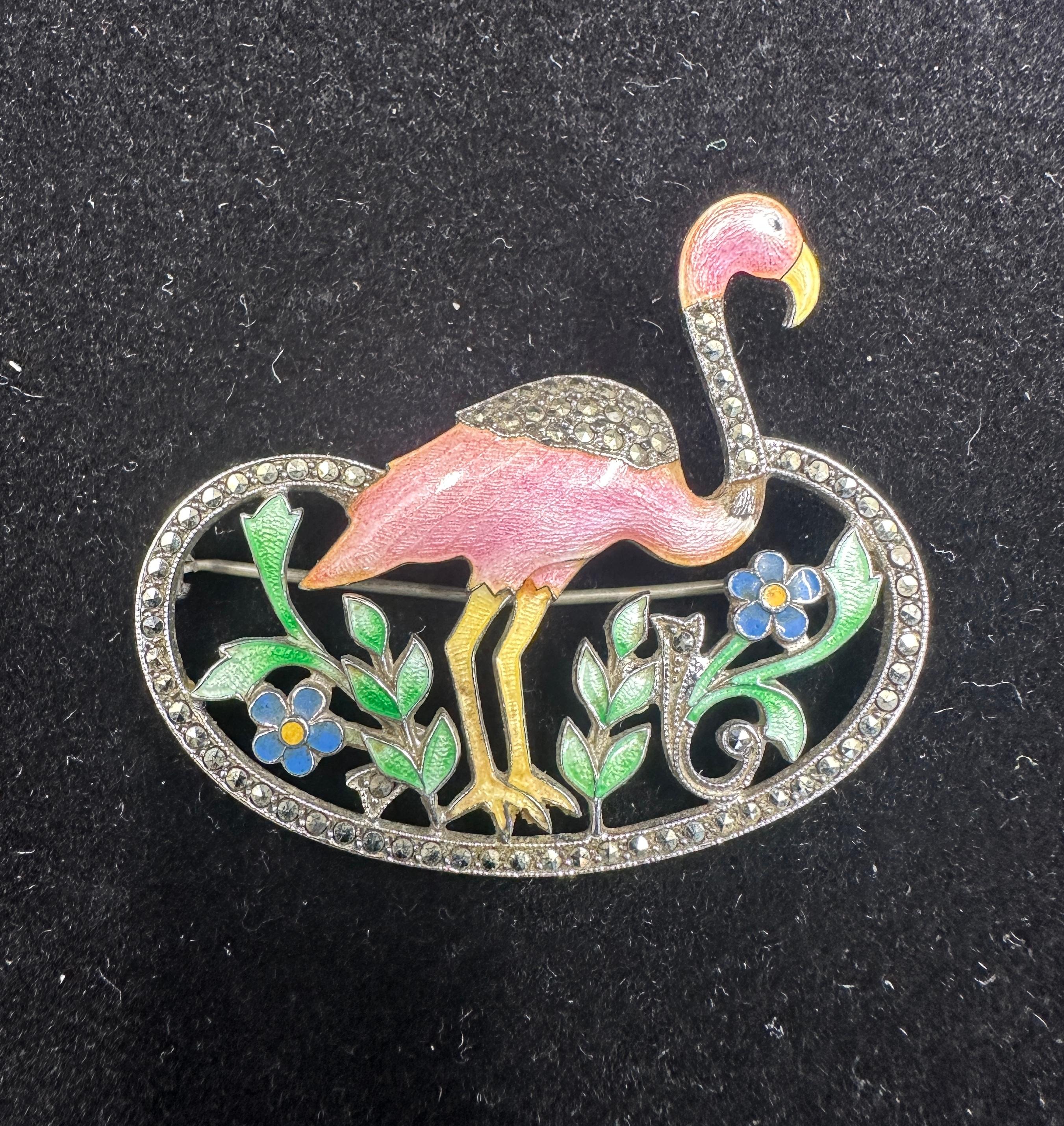 Round Cut Art Deco Pink Flamingo Enamel Flower Brooch Sterling Silver Marcasite 1920 Bird For Sale