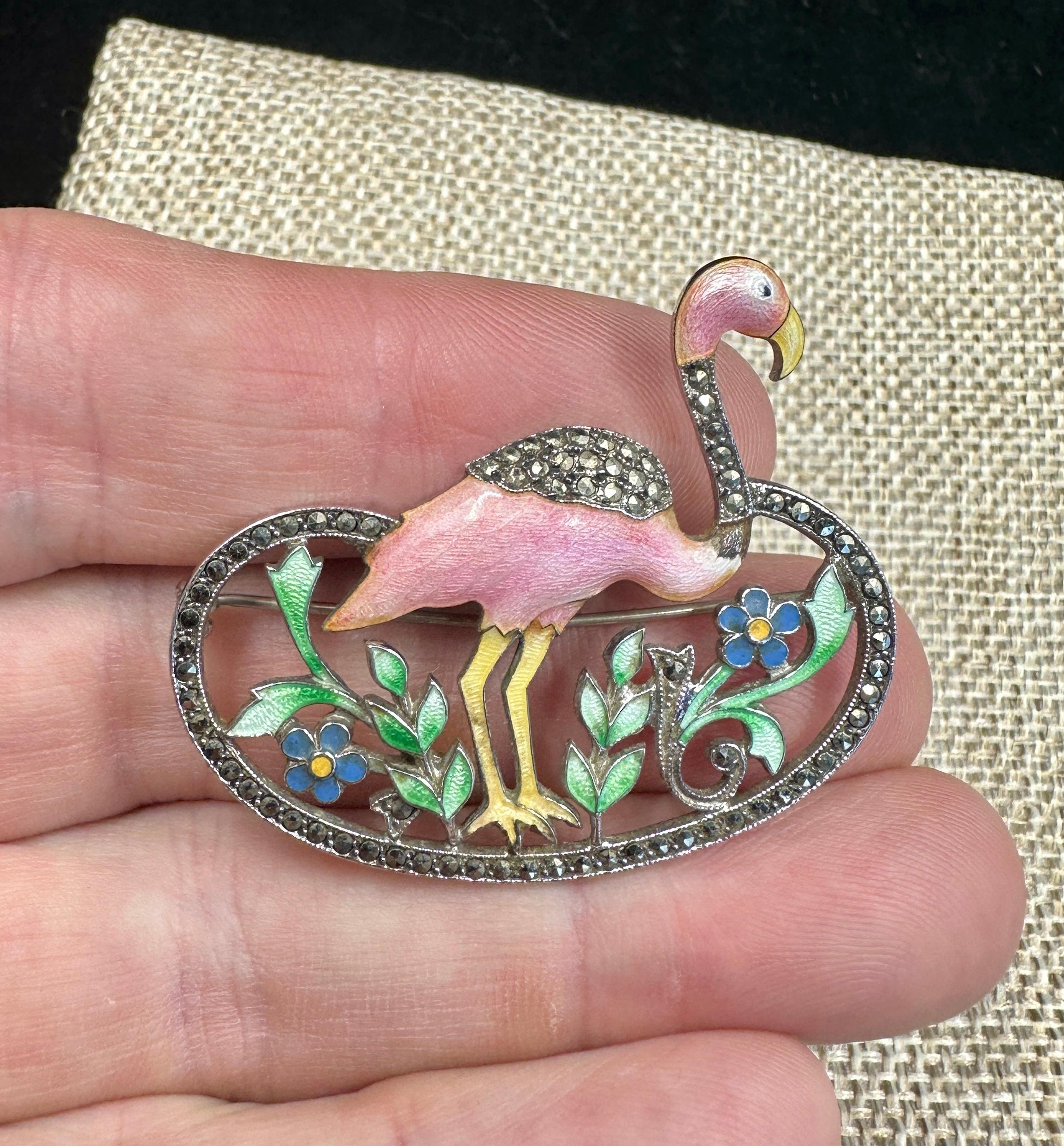 Art Deco Pink Flamingo Enamel Flower Brooch Sterling Silver Marcasite 1920 Bird In Good Condition For Sale In New York, NY