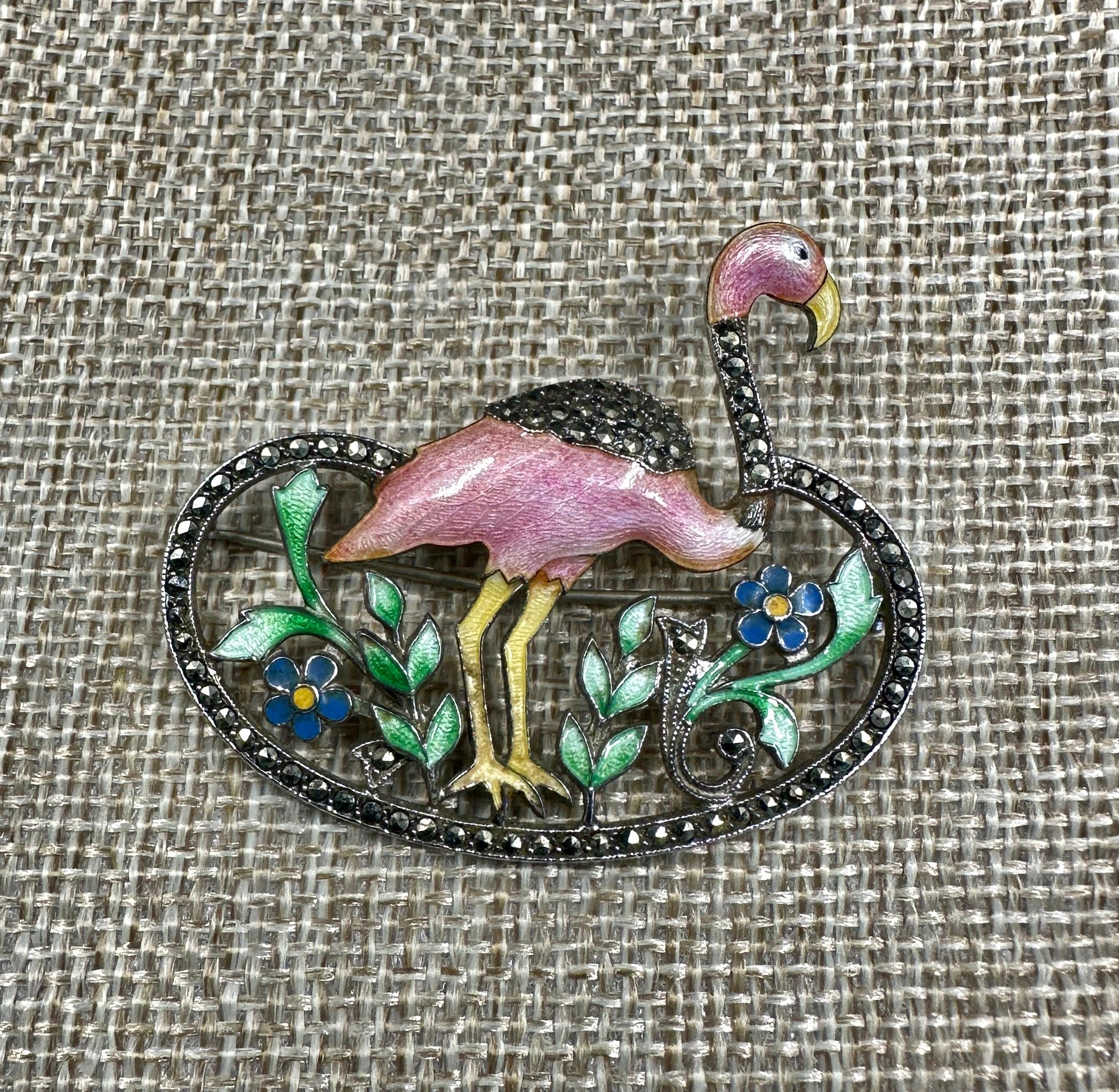 Women's or Men's Art Deco Pink Flamingo Enamel Flower Brooch Sterling Silver Marcasite 1920 Bird For Sale
