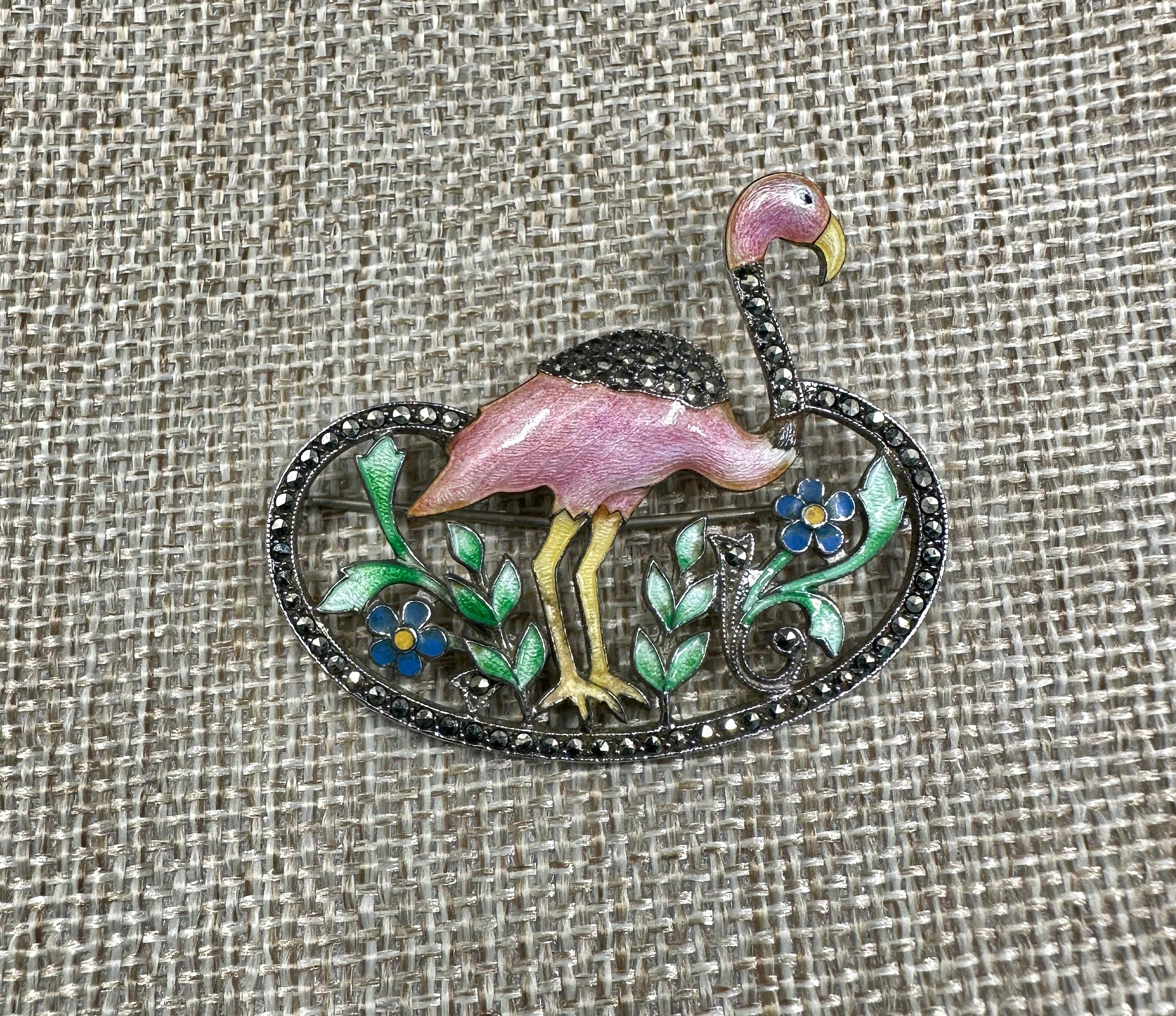Art Deco Pink Flamingo Enamel Flower Brooch Sterling Silver Marcasite 1920 Bird For Sale 1