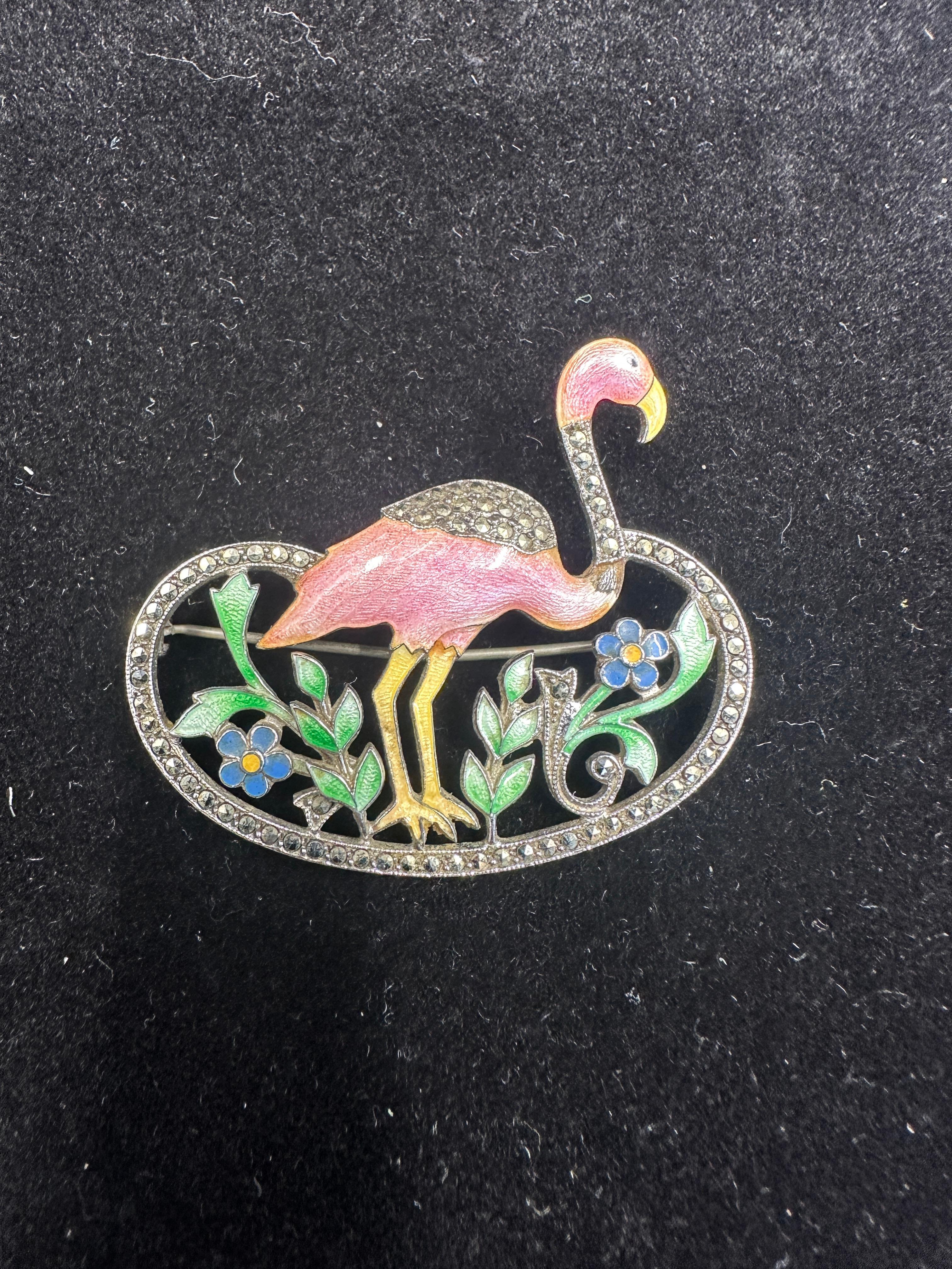Art Deco Pink Flamingo Enamel Flower Brooch Sterling Silver Marcasite 1920 Bird For Sale 2