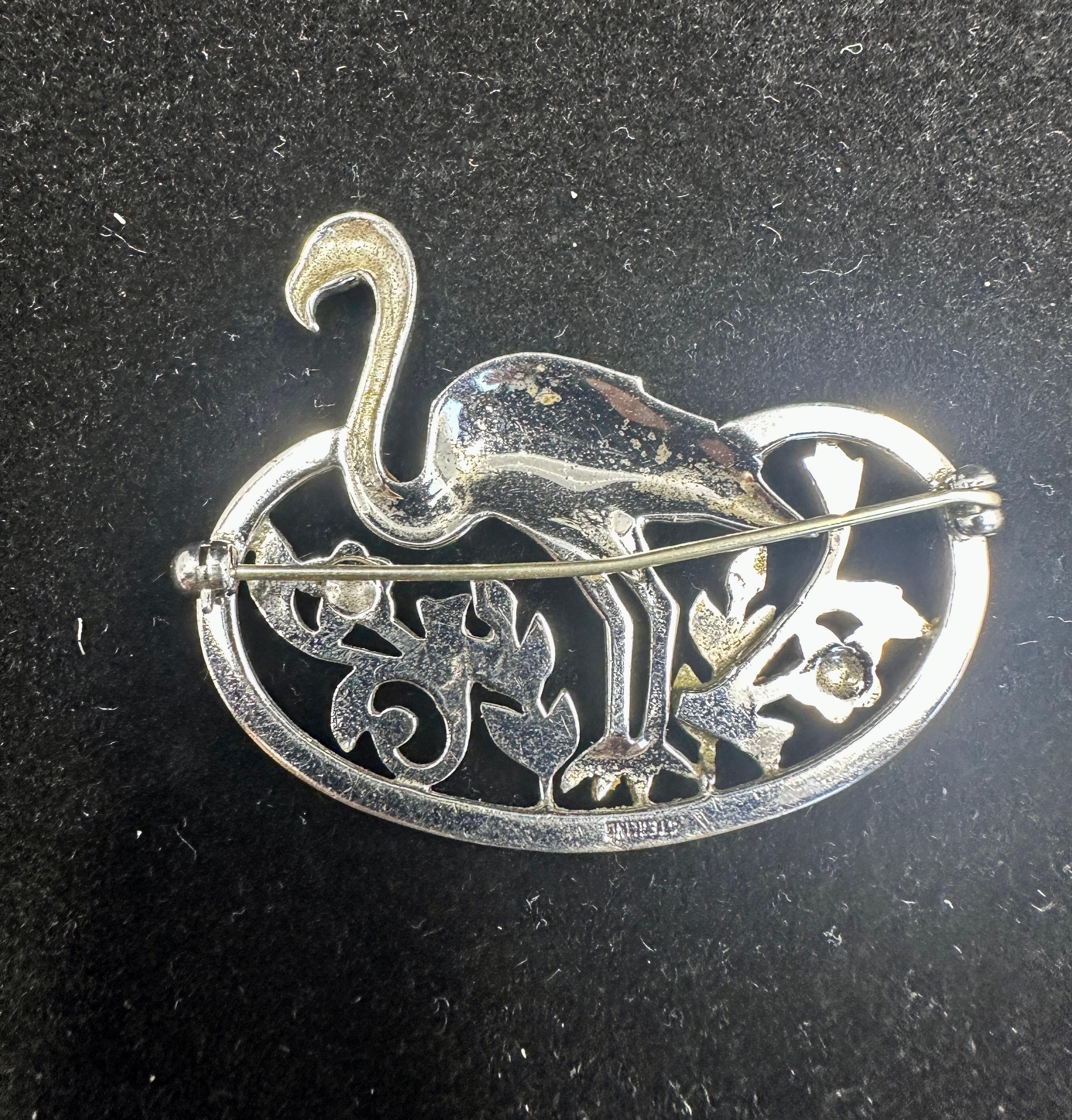 Art Deco Pink Flamingo Enamel Flower Brooch Sterling Silver Marcasite 1920 Bird For Sale 3