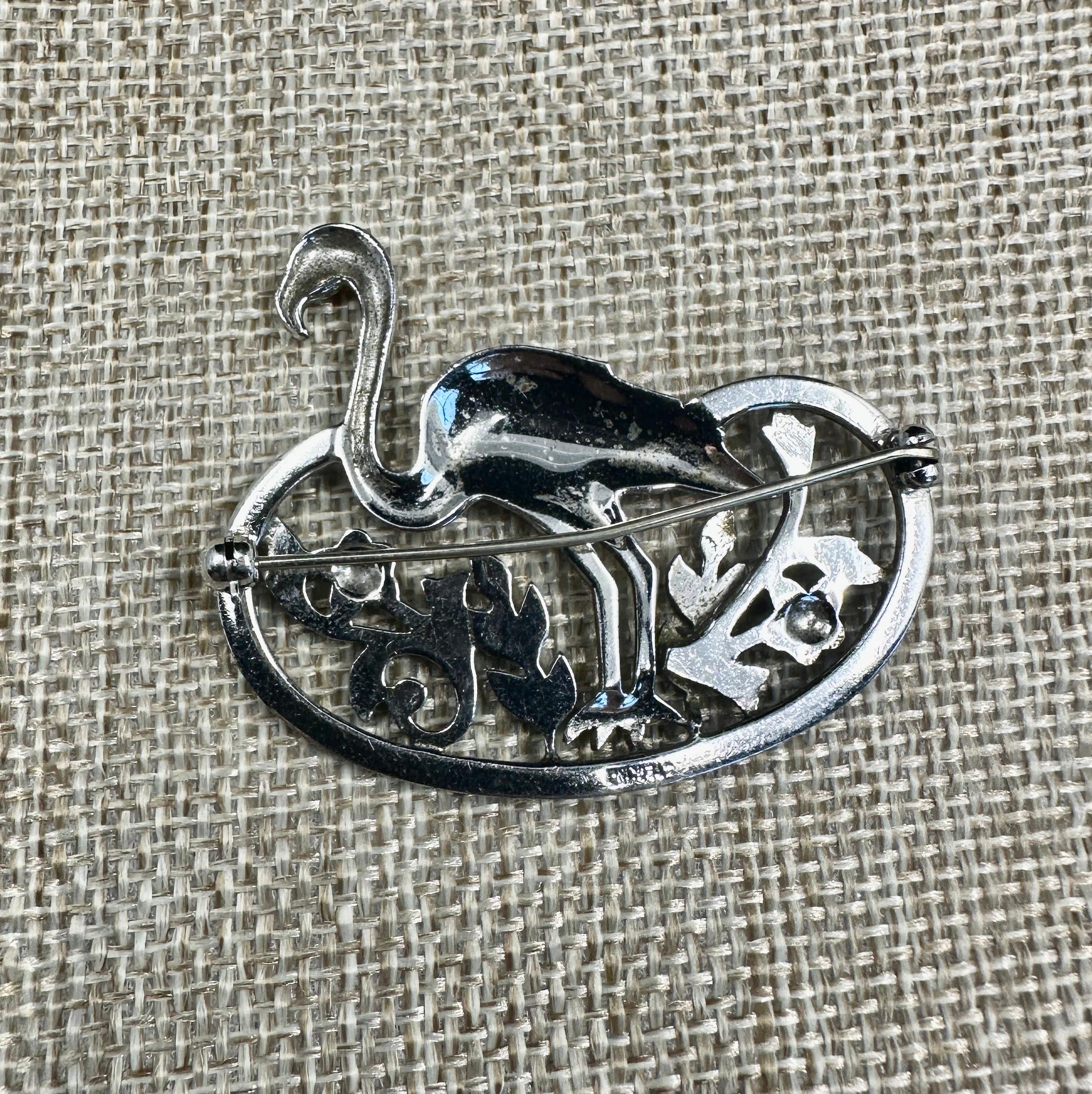 Art Deco Pink Flamingo Enamel Flower Brooch Sterling Silver Marcasite 1920 Bird For Sale 4