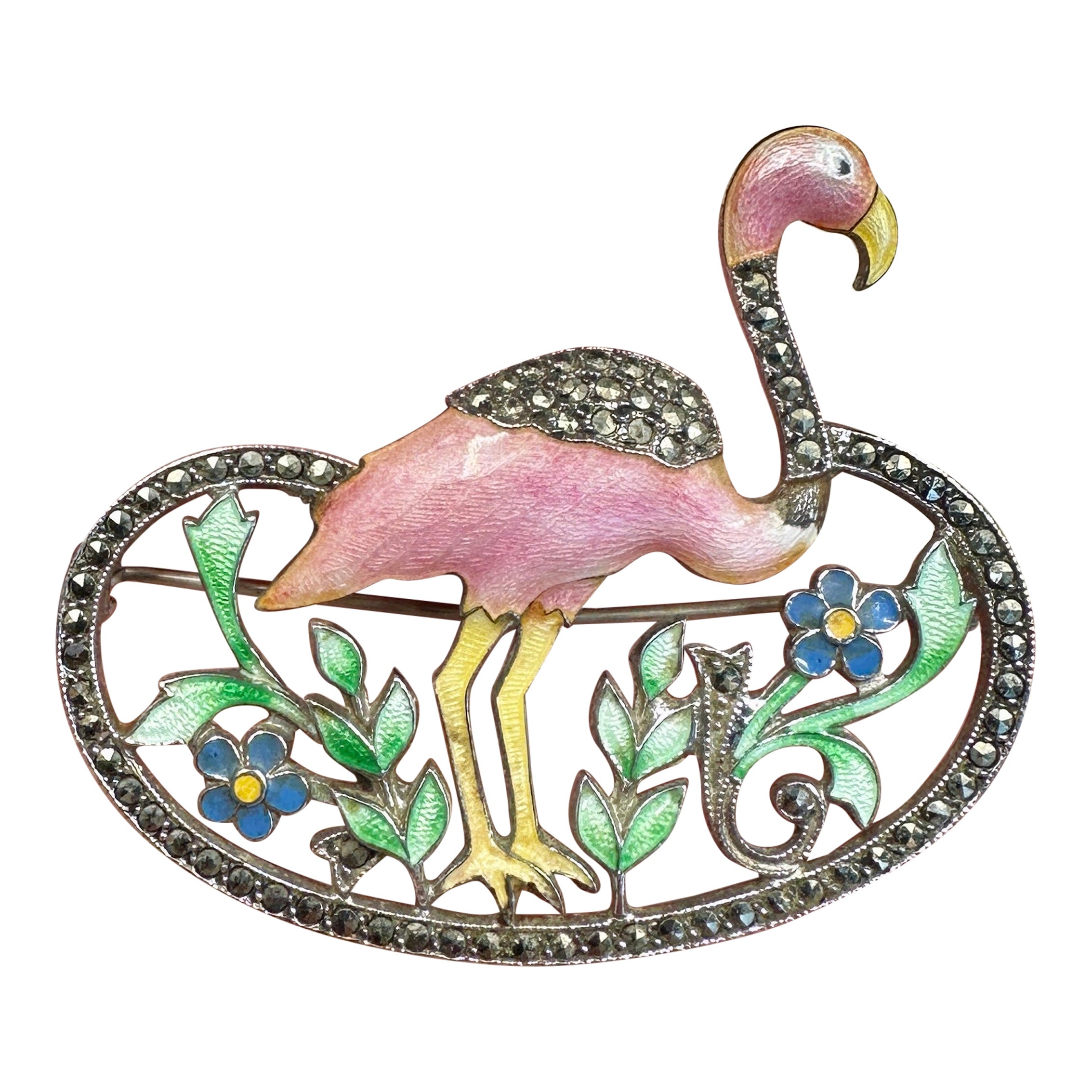 Art Deco Pink Flamingo Enamel Flower Brooch Sterling Silver Marcasite 1920 Bird For Sale