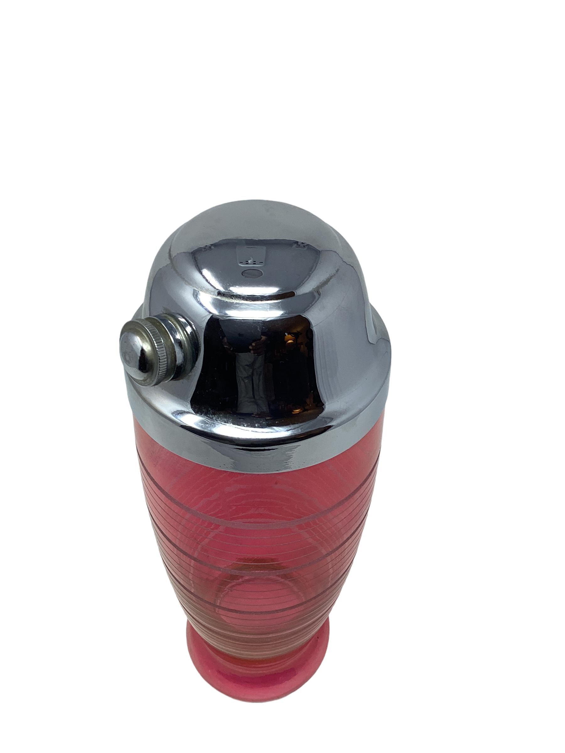 Art Deco Pink Flashed Cocktail Shaker with Etched Bands 