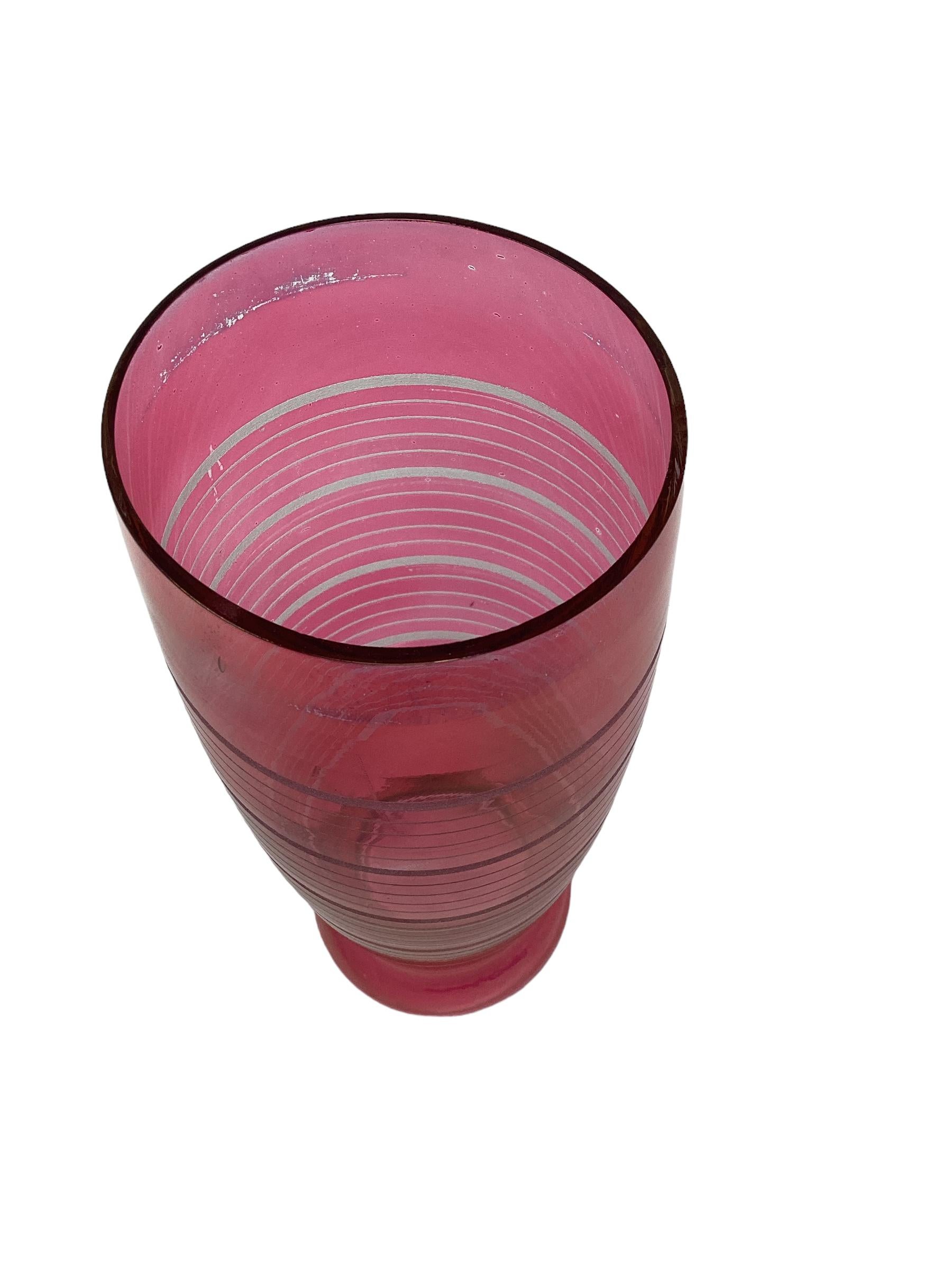 Glass Art Deco Pink Flashed Cocktail Shaker with Etched Bands  For Sale