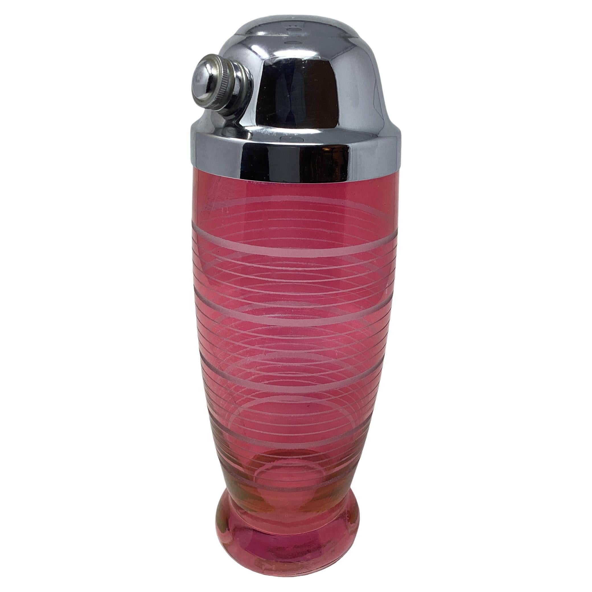 Art Deco Pink Flashed Cocktail Shaker with Etched Bands  For Sale