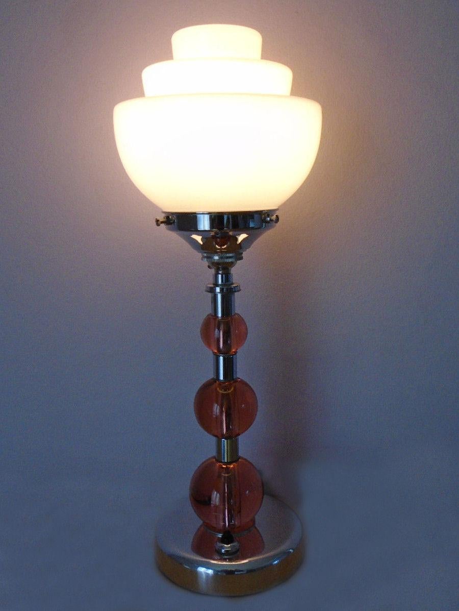 English Art Deco Pink Glass and Chrome Lamp For Sale