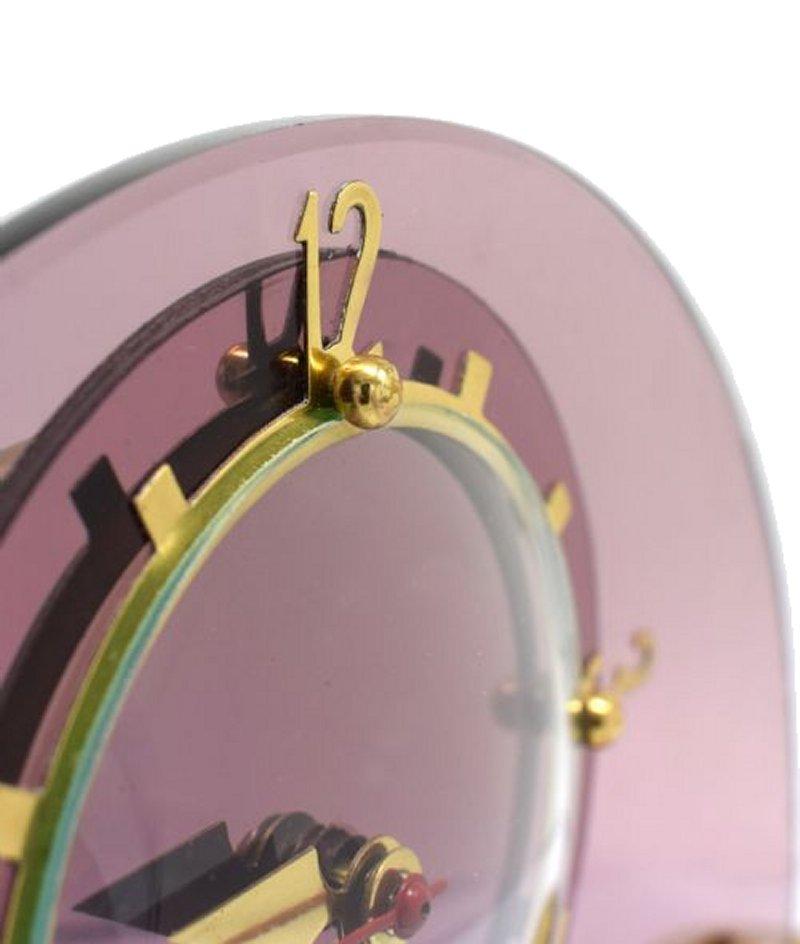English Art Deco Pink Glass & Brass Mantle Clock by Smiths Clock Makers, circa 1930 For Sale
