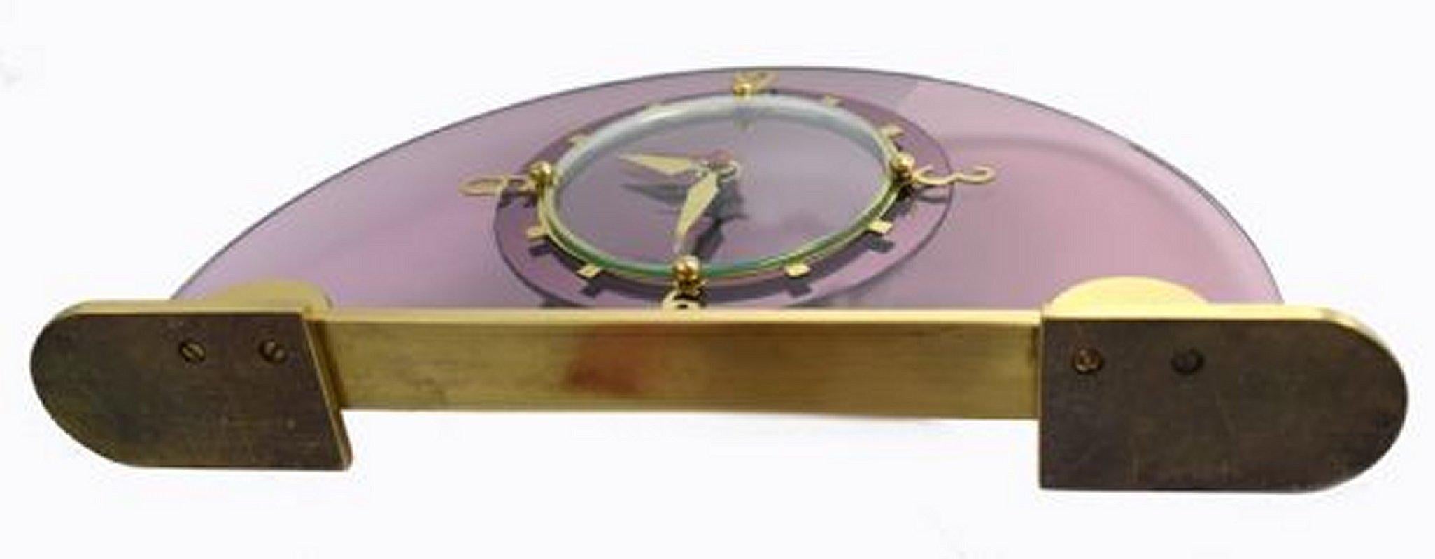 Art Deco Pink Glass & Brass Mantle Clock by Smiths Clock Makers, circa 1930 For Sale 1