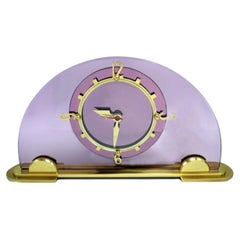 Vintage Art Deco Pink Glass & Brass Mantle Clock by Smiths Clock Makers, circa 1930