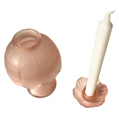 Art Deco Pink Glass Candle Lamp and Candlestick Set