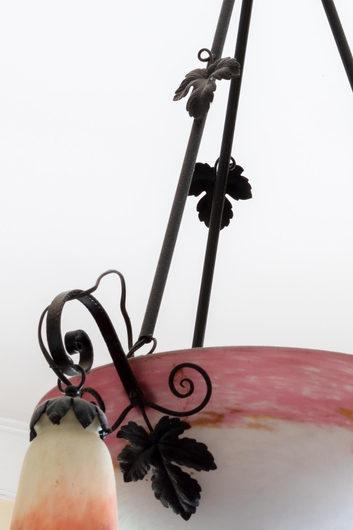 Metal Art Deco Pink Glass Chandelier by Muller Freres For Sale